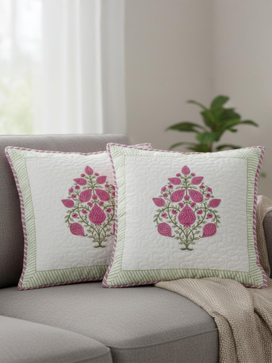 HOMEMONDE White Hand Block Print Cotton Lightweight 2 Pcs Patchwork Floral Cushion Cover