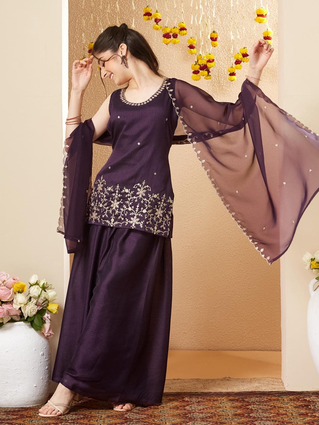 CurlyTales Girls Silk Embroidered Kurta and Palazzo Set with Dupatta