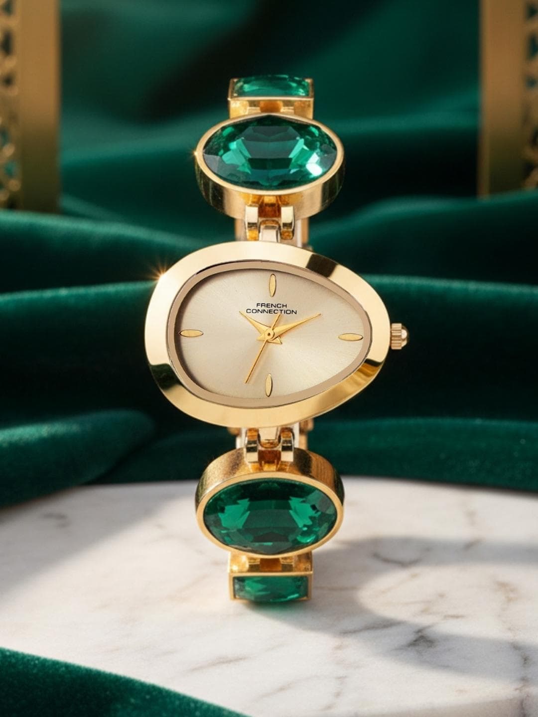 French Connection Crysten Women Crystal Stone Strap Analog Watch with Gold-Tone Oval Dial