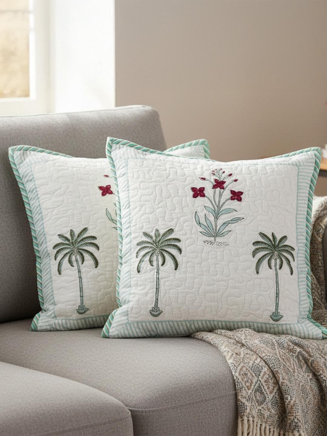 HOMEMONDE Block Print Green Floral Cotton 2 Piece Square Cushion Covers