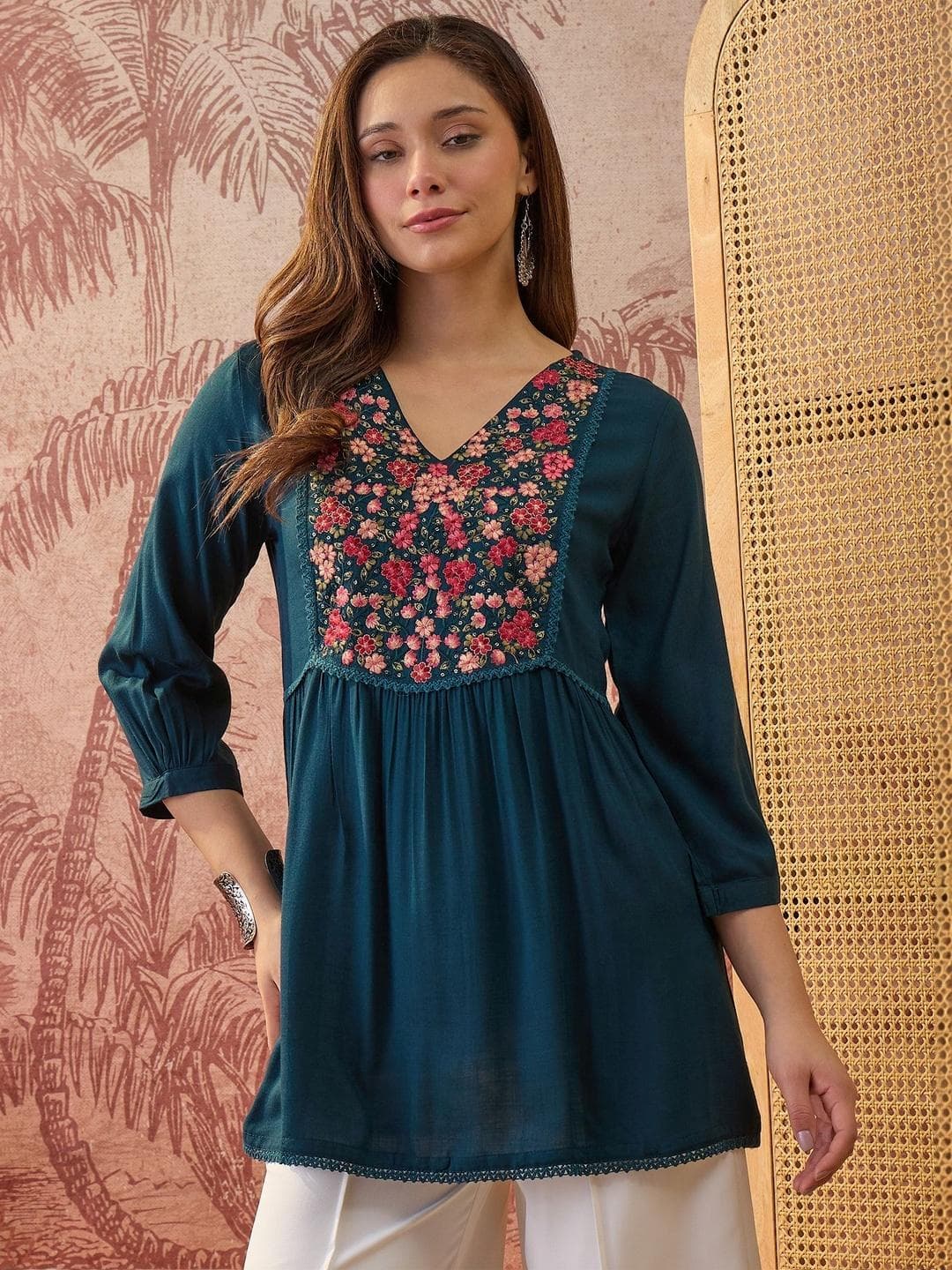Sangria Floral Embroidered V-Neck Sequinned Kurti