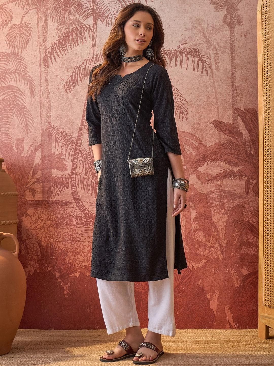Sangria Embroidered Round Neck Calf Length Straight Kurtas