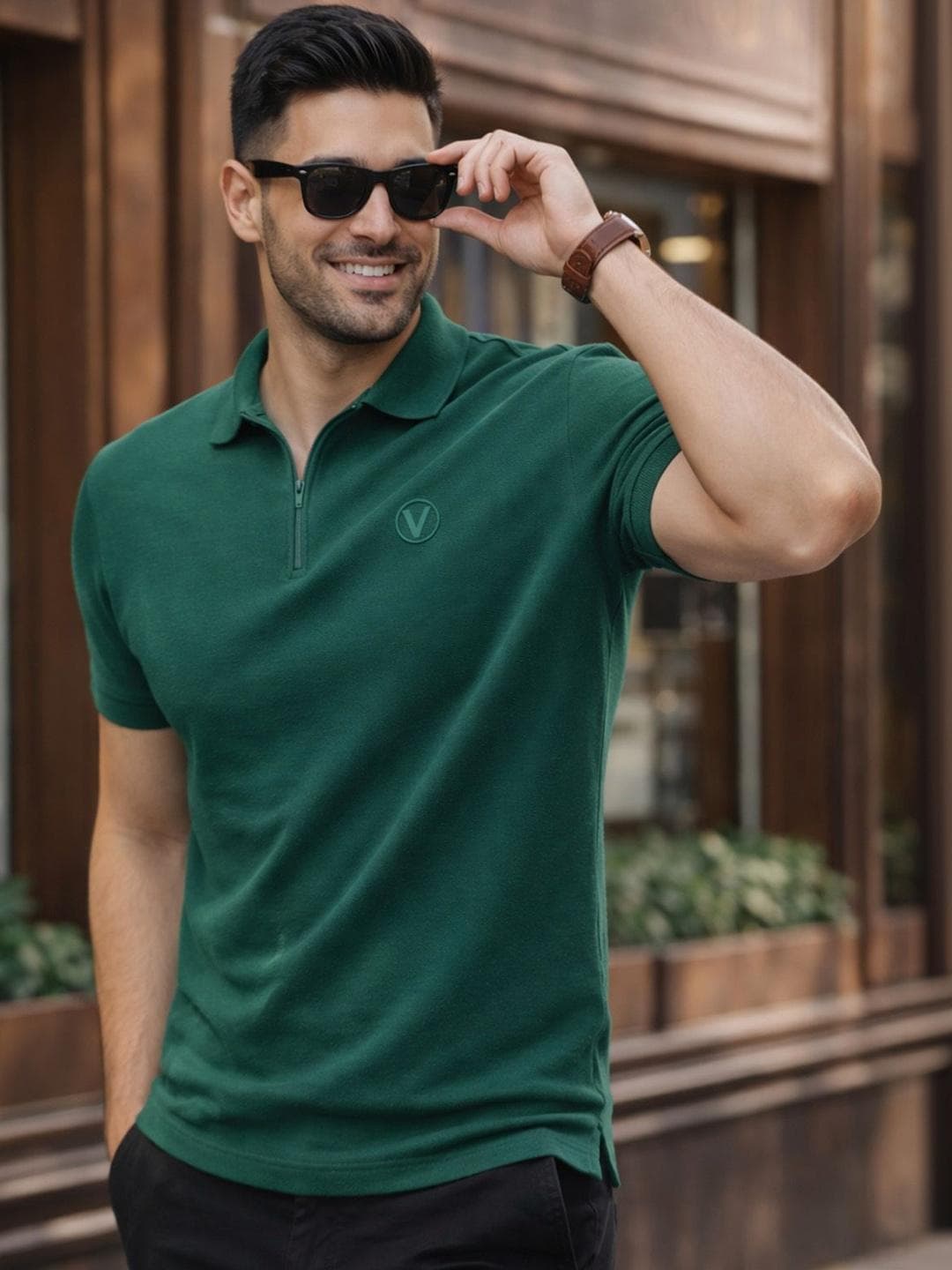 VEIRDO Zipper Embroidered Pure Cotton Polo Collar Short Sleeves T-shirt