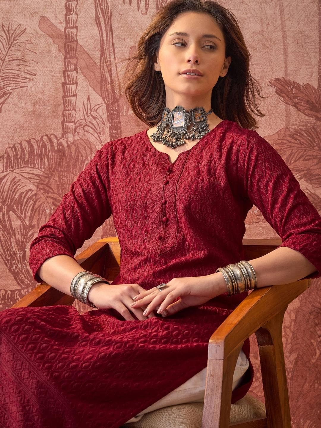 Sangria Embroidered Round Neck Calf Length Straight Kurtas