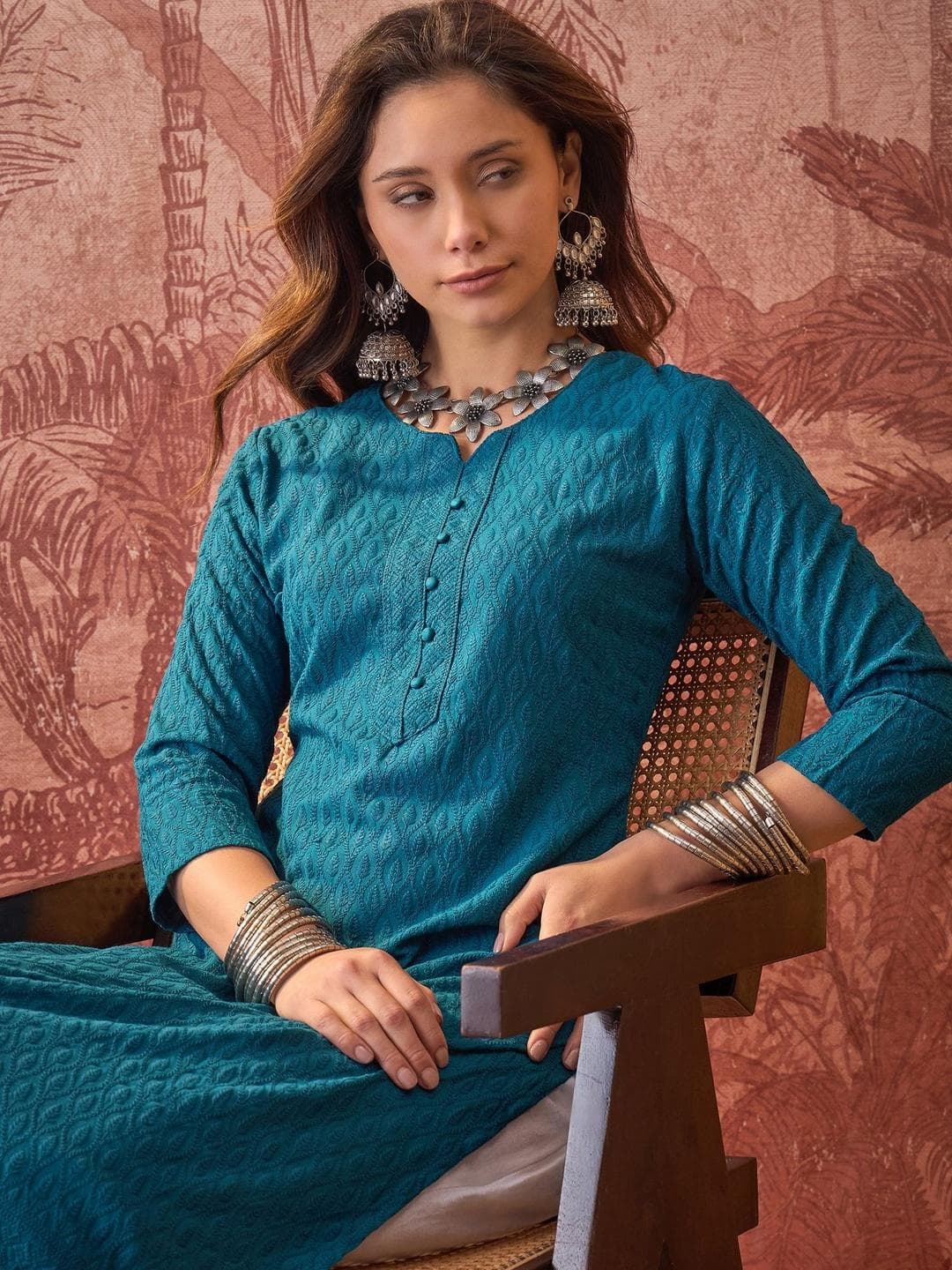 Sangria Embroidered Round Neck Calf Length Straight Kurtas