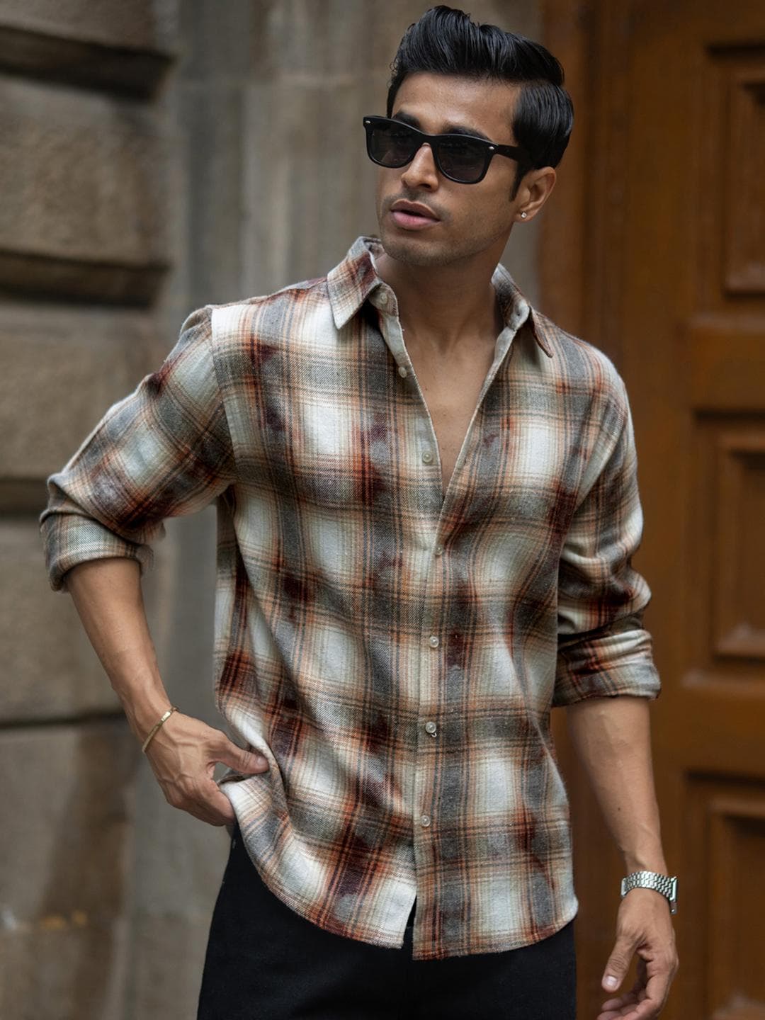Powerlook Beige Washed Checks Shirt