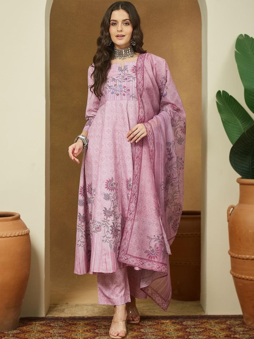 Janasya Anarkali Floral Printed Empire Kurta Trouser Set With Dupatta