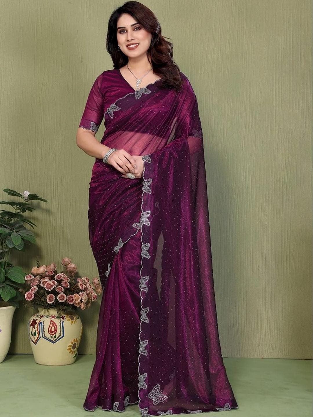 STYLETONE Embellished Beads and Stones Net Heavy Work Saree