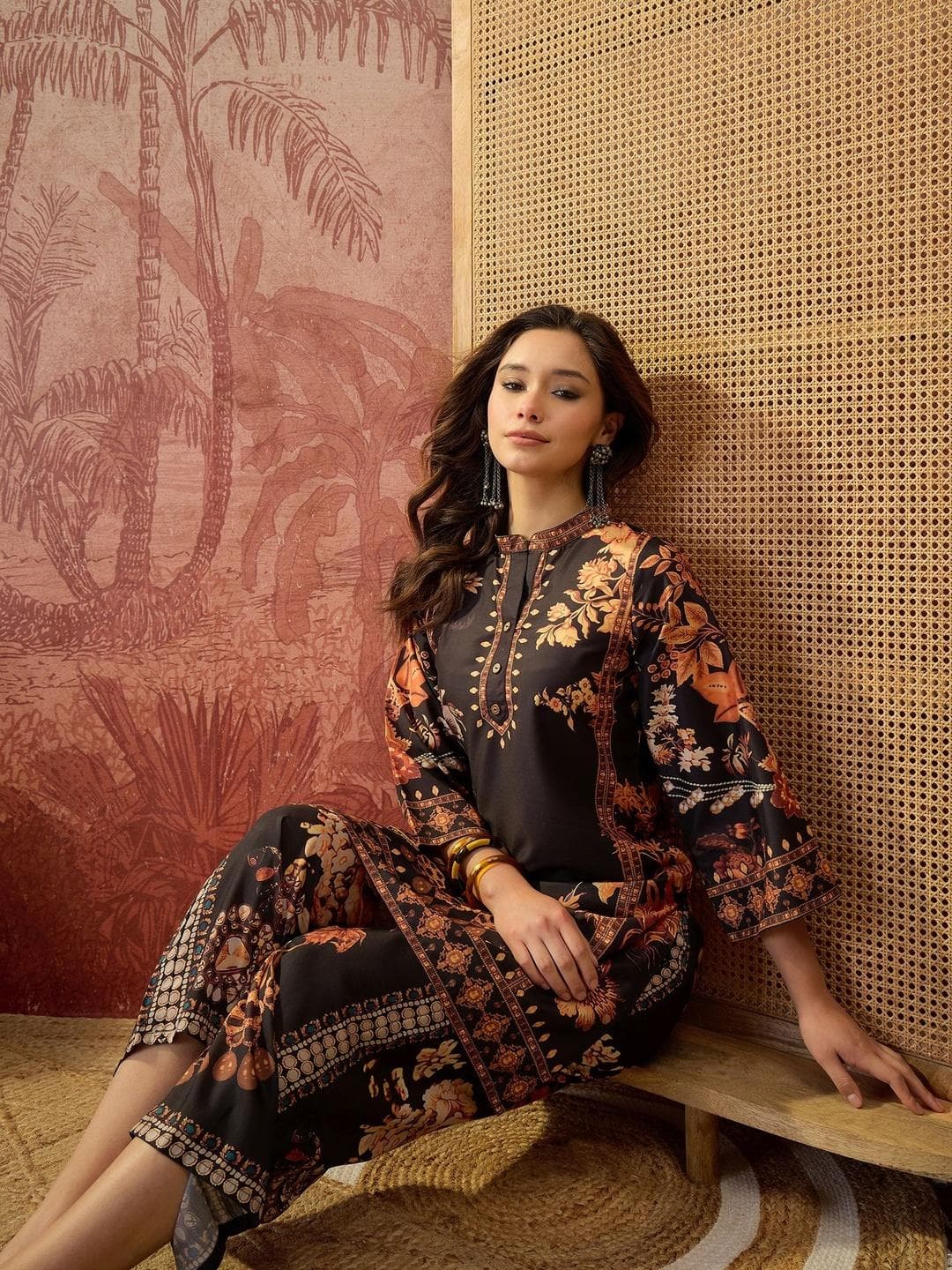 Buy Sangria Printed Mandarin Collar Tunic & Trousers Co Ords - - Apparel for Women