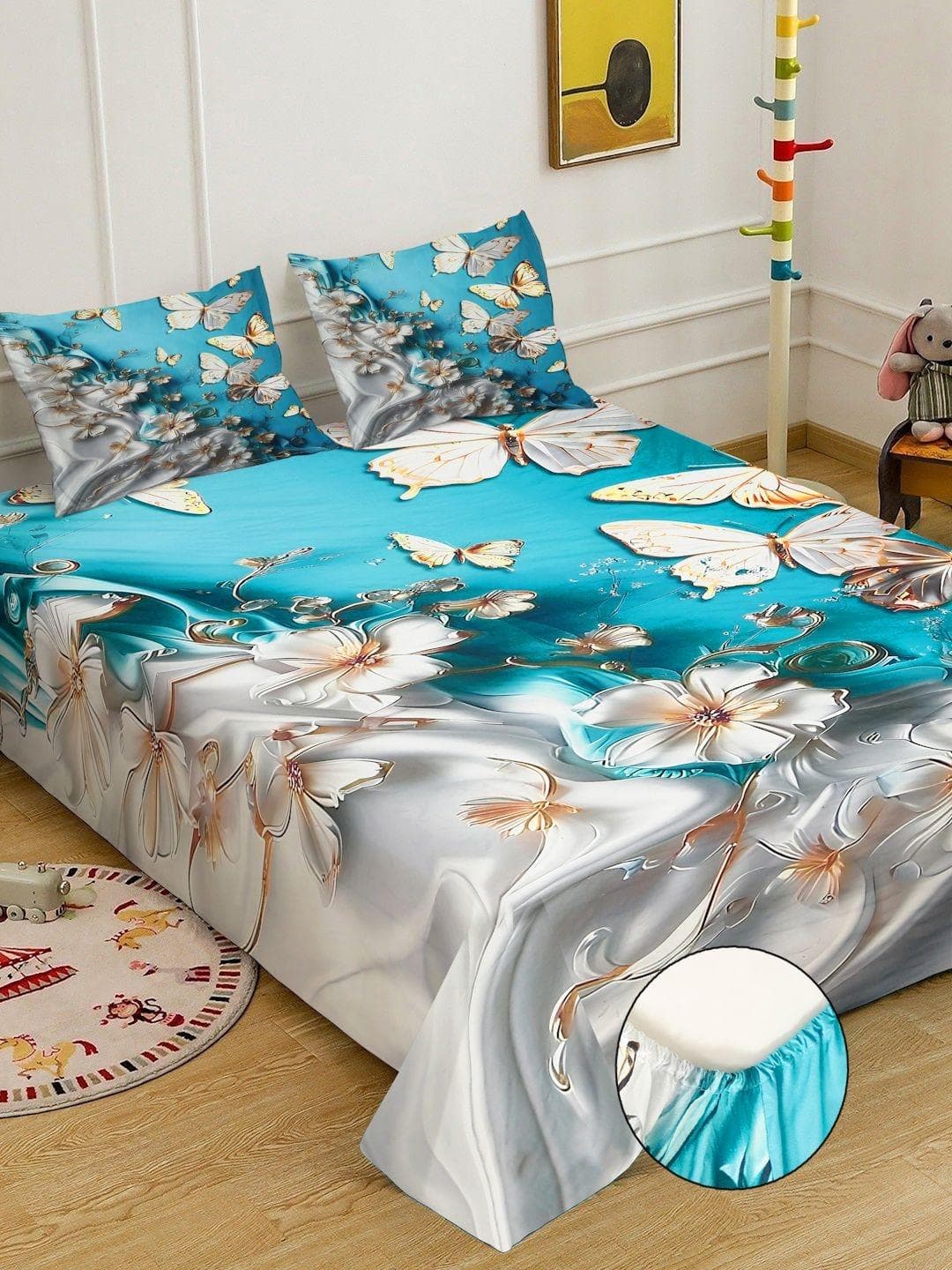 Blue & White Floral Printed Fitted 7D 400 TC Double King Bedsheet With 2 Pillow Cover