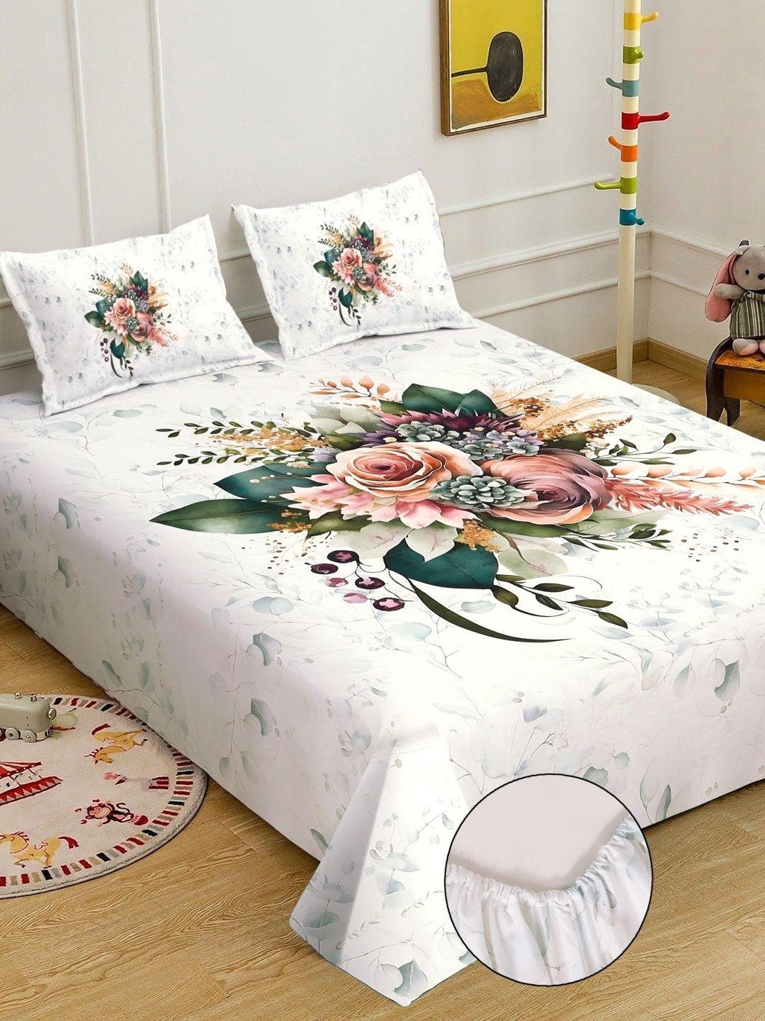 White Floral Printed Fitted 7D 400 TC Double King Bedsheet With 2 Pillow Cover