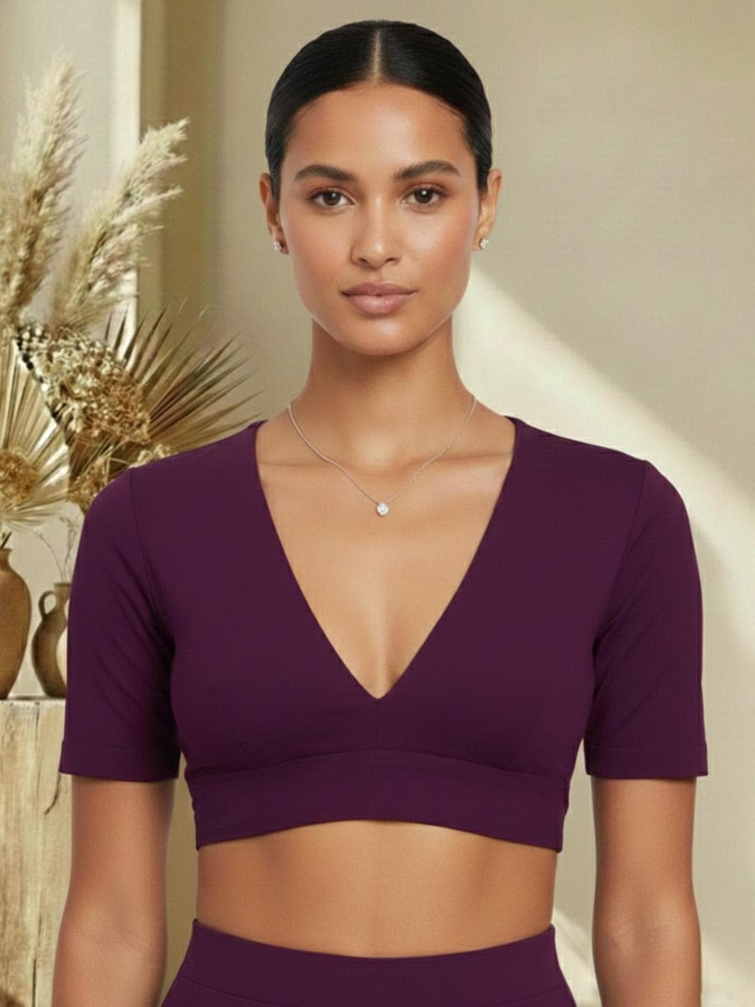 Thevasa Women's Wine Divine Depth V Neck Half Sleeves Blouse