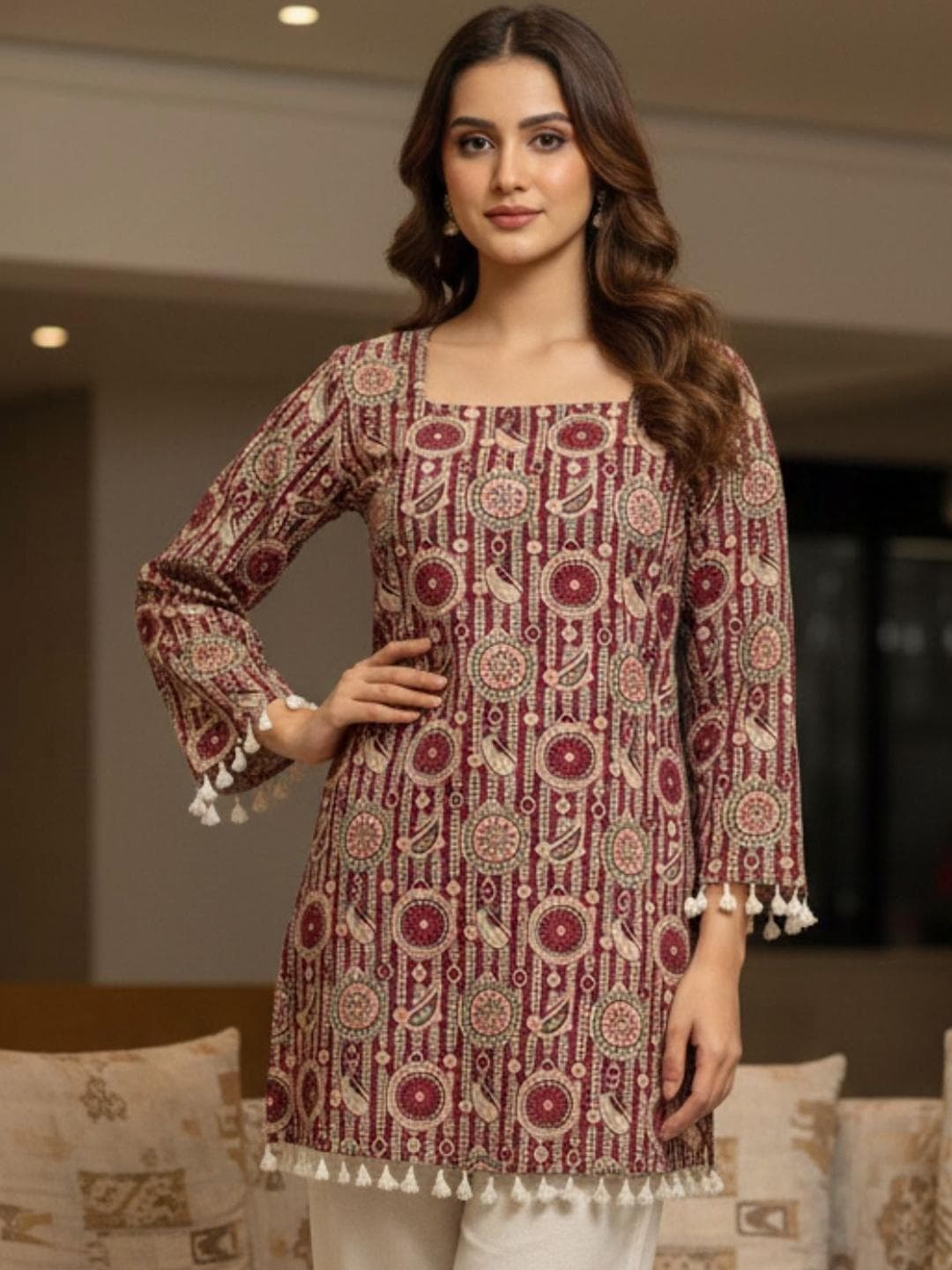 OZIA Ethnic Motifs Printed Square Neck Pure Cotton Kurti