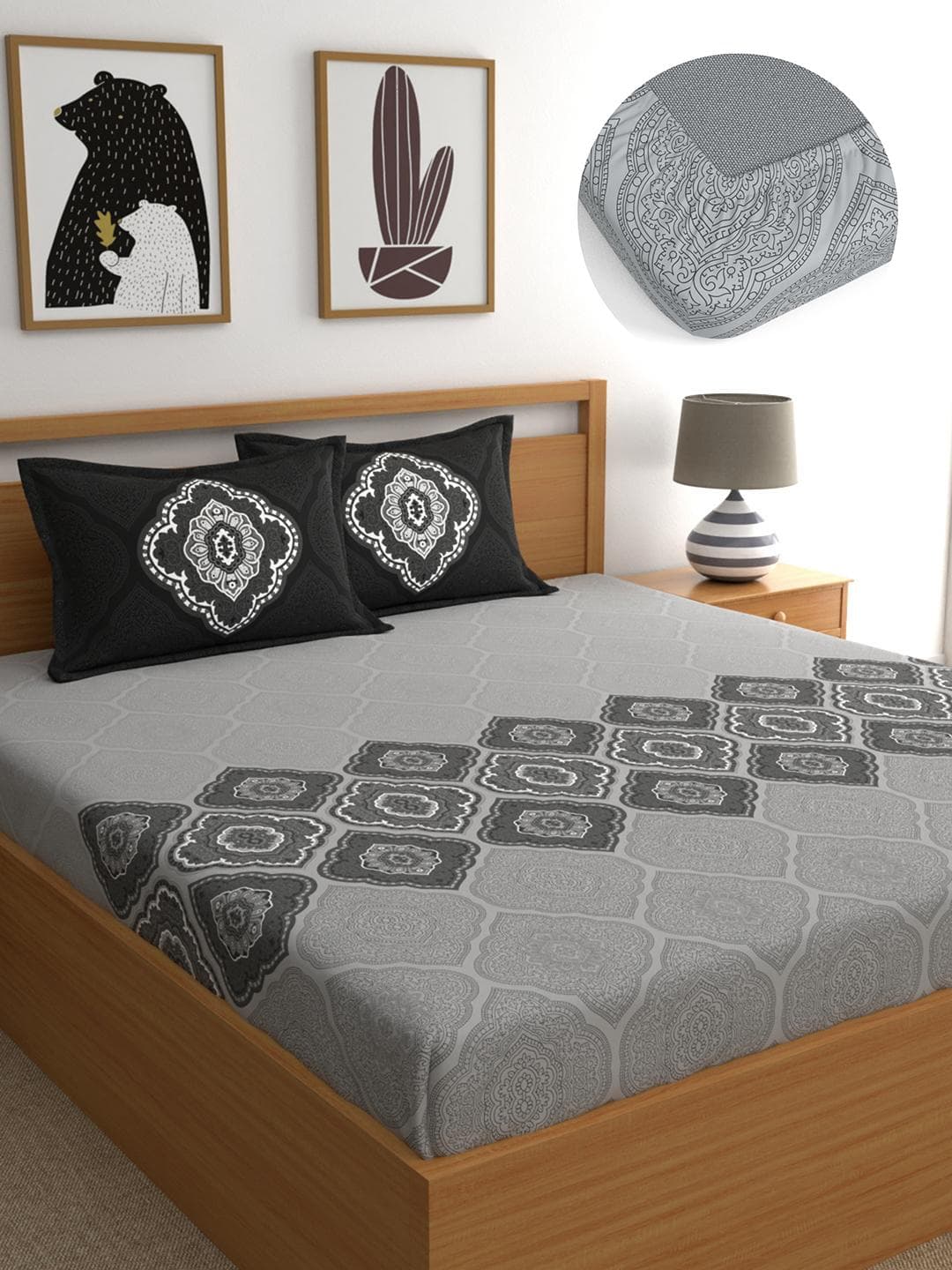 Buy Dreamscape Grey Ethnic Motifs Cotton 140 TC Fitted Super King Bedsheet With 2 Pillow Covers 72 X 78 Inches - - Home for Unisex