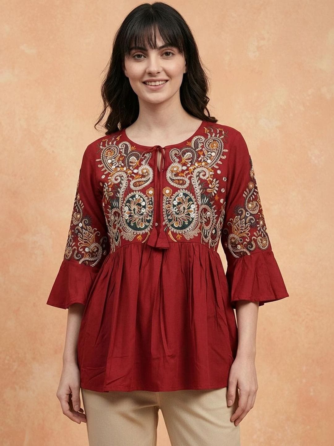 all about you Embroidered Tie-Up Neck Bell Sleeve Ethnic Cotton Top