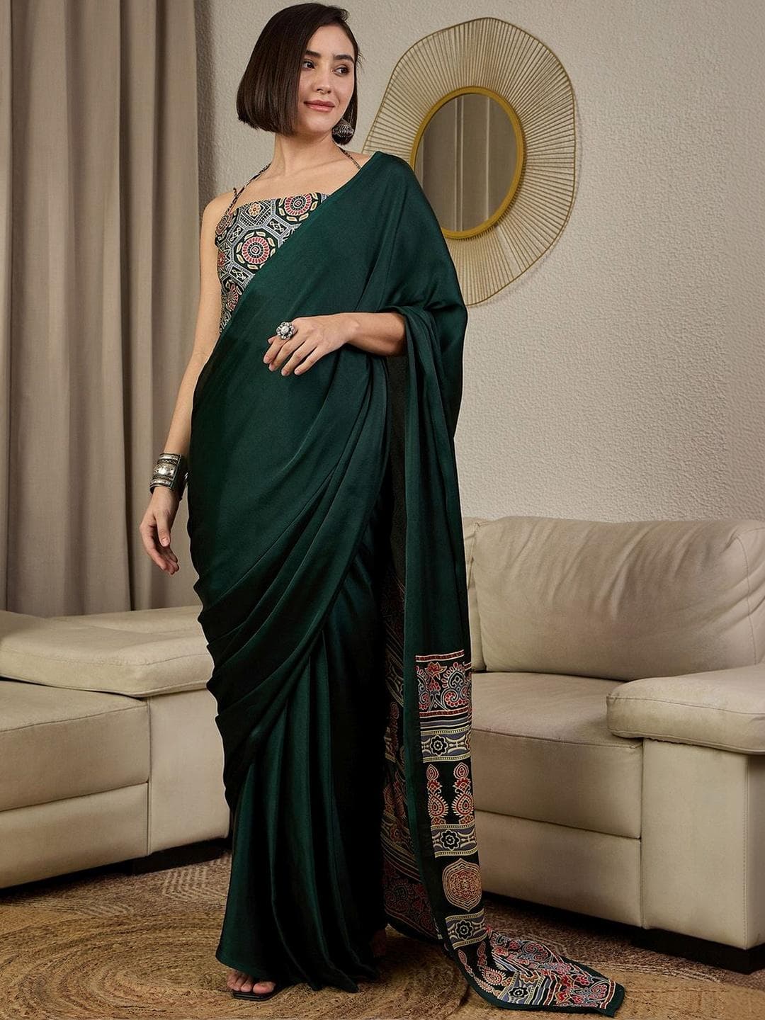 Mitera Ajrak Satin Ready To Wear Block Printed Saree