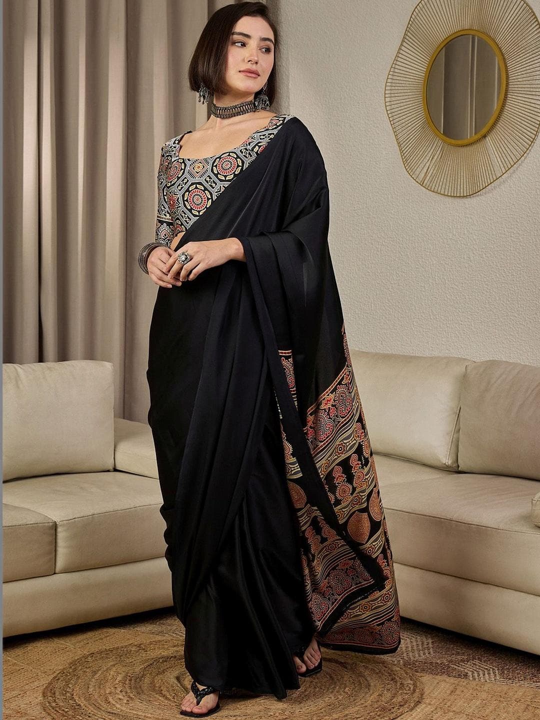 Mitera Ajrak Satin Ready To Wear Block Printed Saree