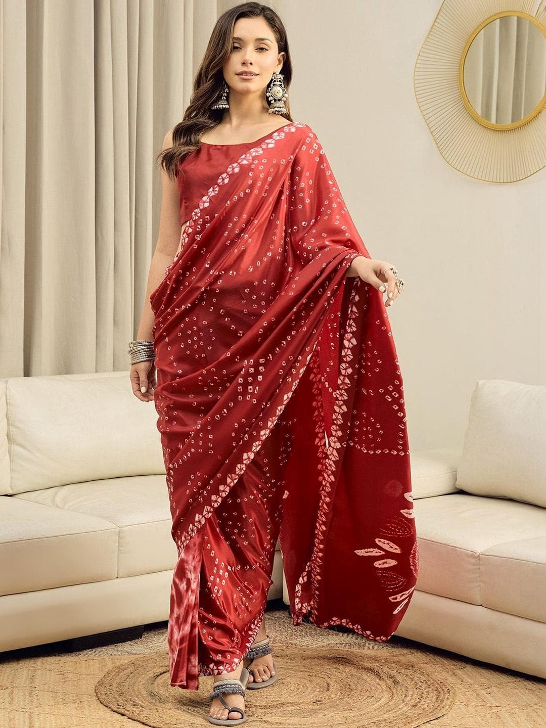 Sangria Bandhani Printed Pure Crepe Ready to Wear Saree With Unstitched Blouse