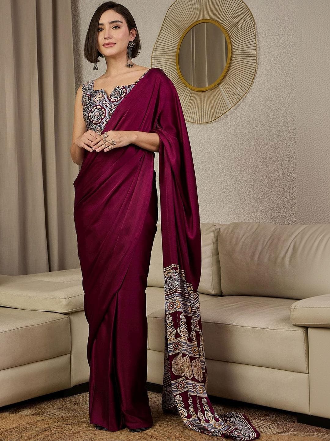 Mitera Ajrak Satin Ready To Wear Block Printed Saree