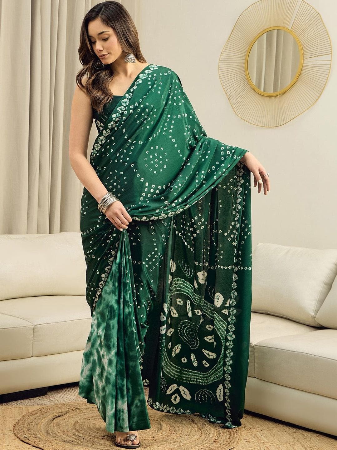 Sangria Bandhani Printed Pure Crepe Ready to Wear Saree With Unstitched Blouse