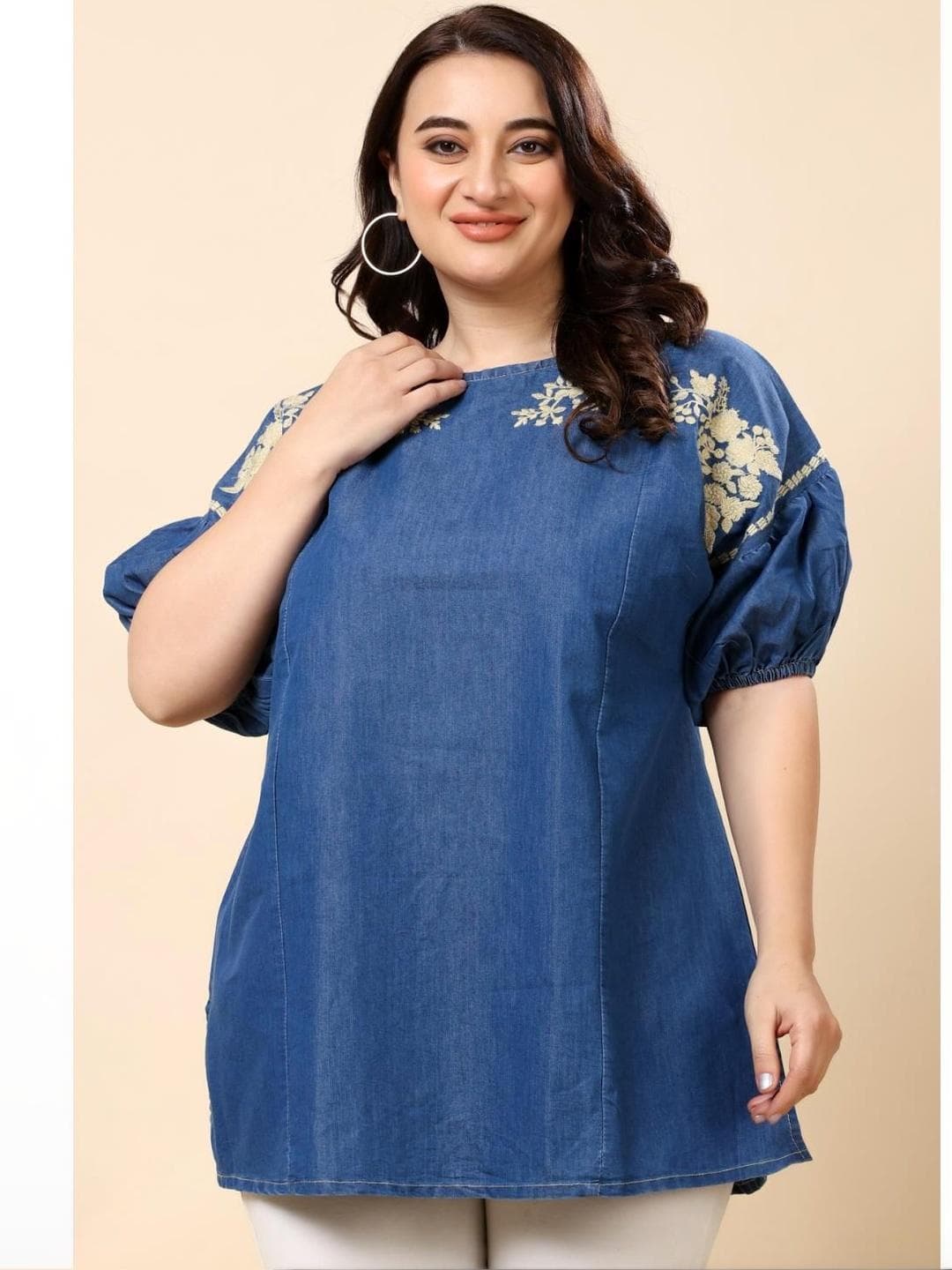 VAAMII Floral Embroidered Puff Sleeve Cotton Denim Top