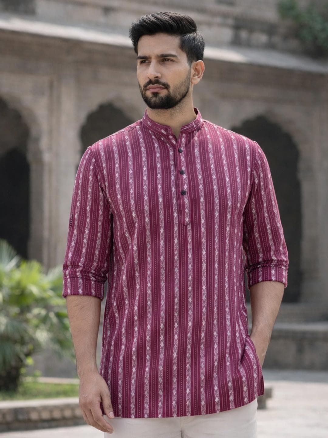LADSLOOM Striped Band Collar Thread Work Pure Cotton Straight Short Kurta