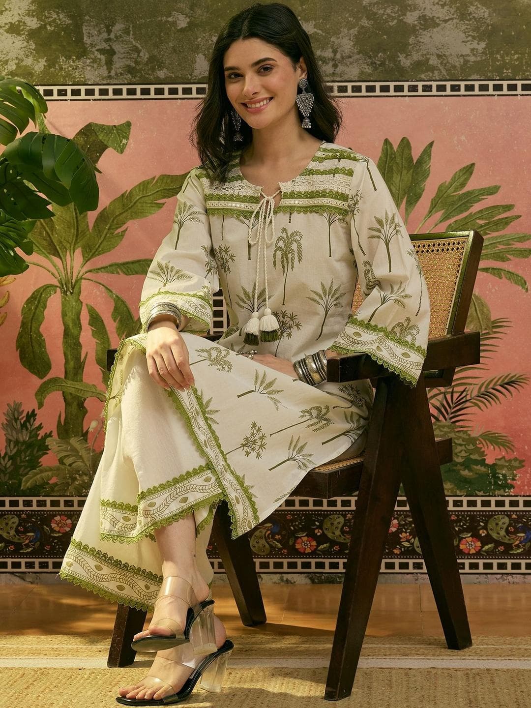 Sangria Printed Pure Cotton Tie-Up Neck Kurta & Palazzos Kurta Sets