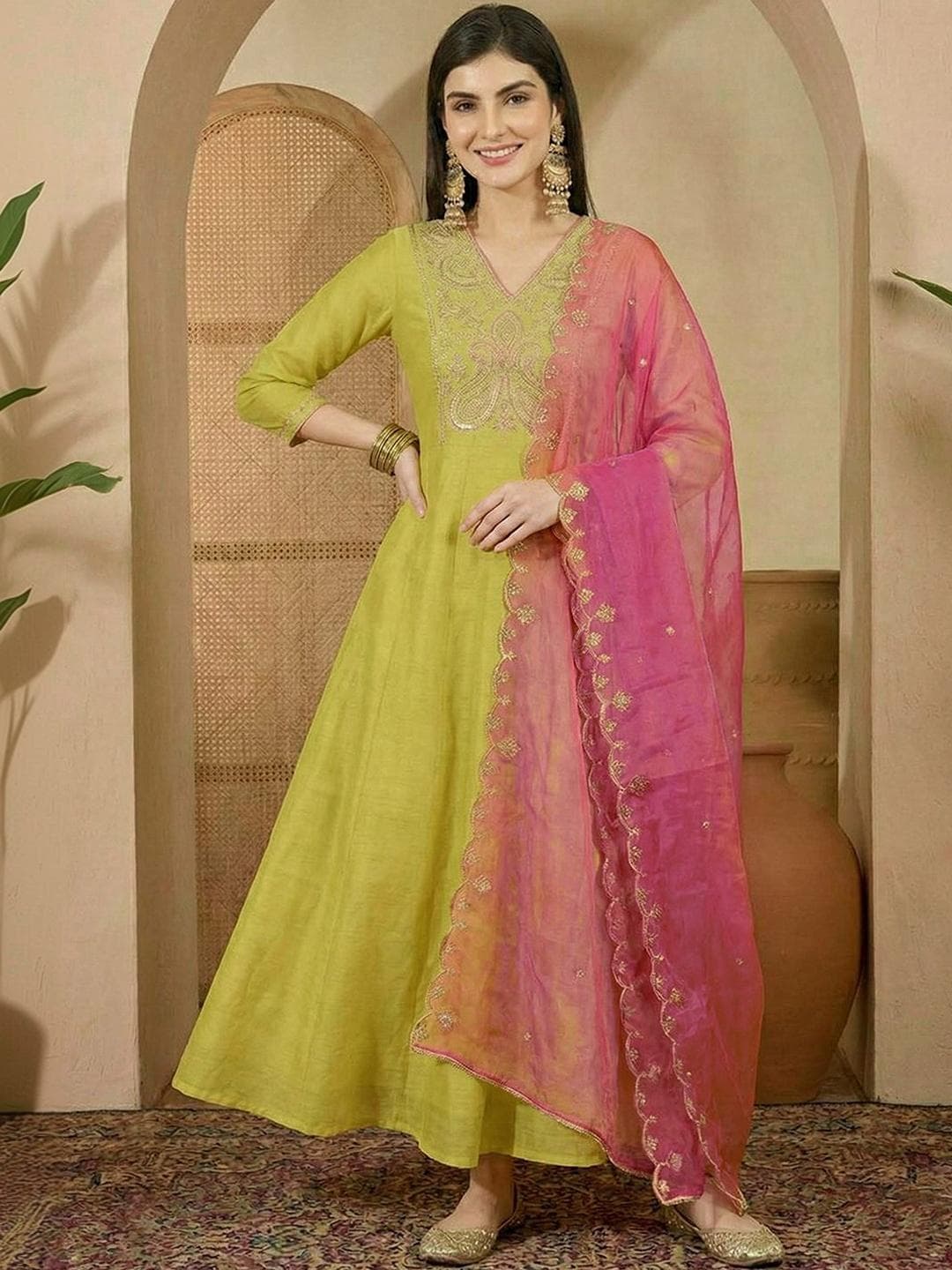 Sangria Embroidered V-Neck Gown Ethnic Dress With Dupatta