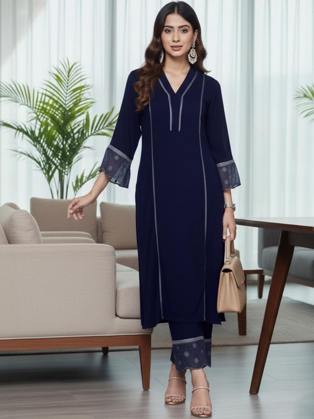 Varanga Women Ethnic Motifs Regular Thread Work Silk Crepe Kurta with Trousers