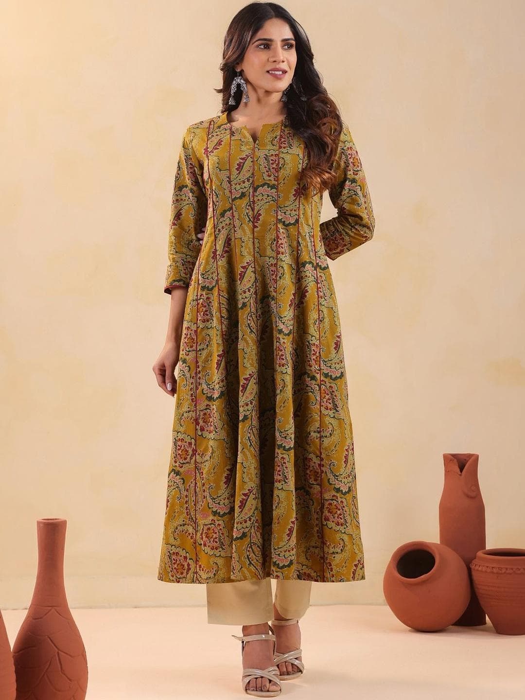 Rimeline Women Ethnic Motif Printed V-Neck A-Line Cotton Kurta