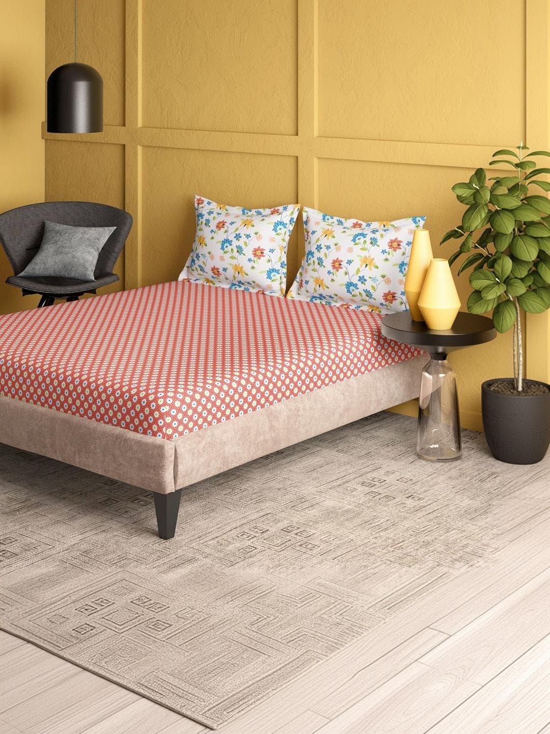Buy Portico Marvella 44 TC Pure Cotton Red & White Super King Bedsheet & 2 Pillow Covers - - Home for Unisex