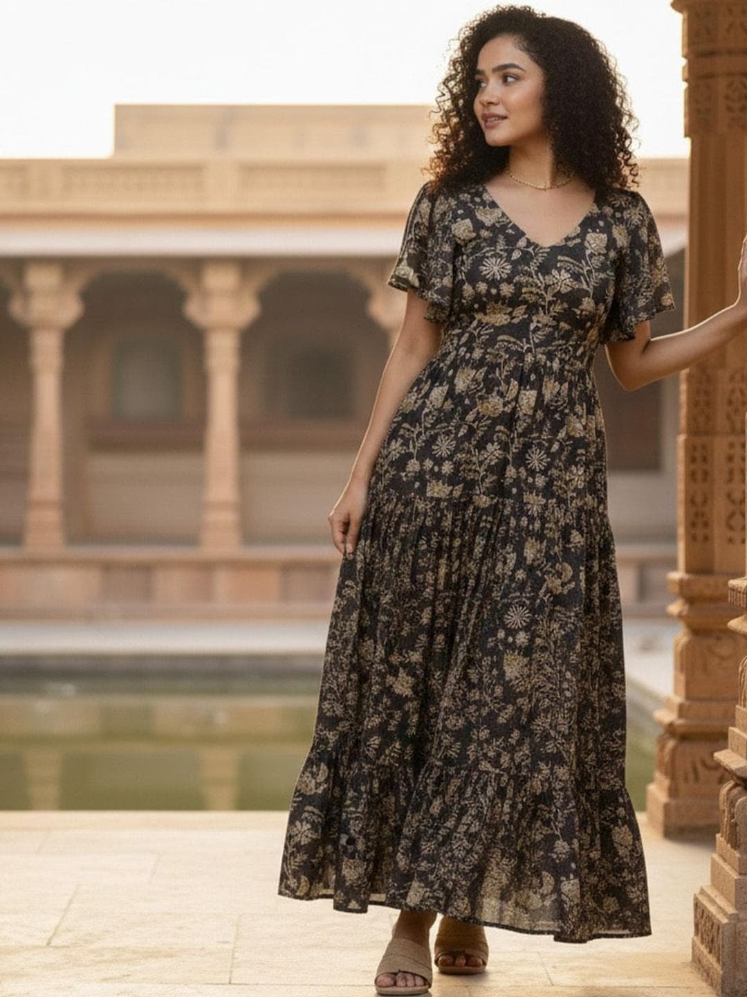 Varanga Floral Print Flared Sleeve A-Line Maxi Dress