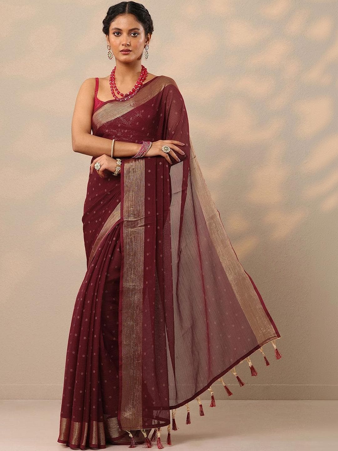 Libas Wine Printed Chiffon Saree With Unstitched Blouse Piece