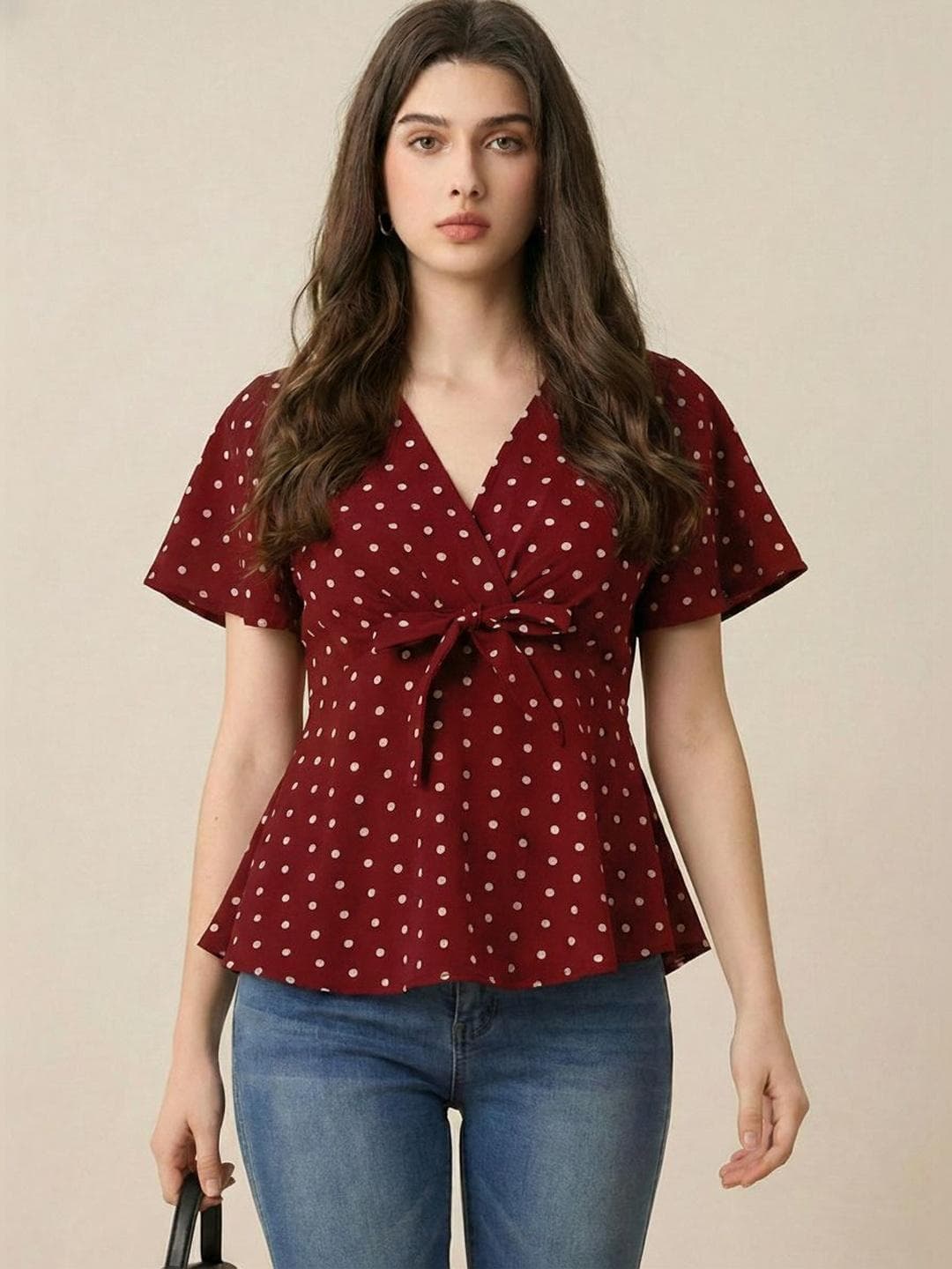SZN Polka Dot Print Crepe Wrap Top