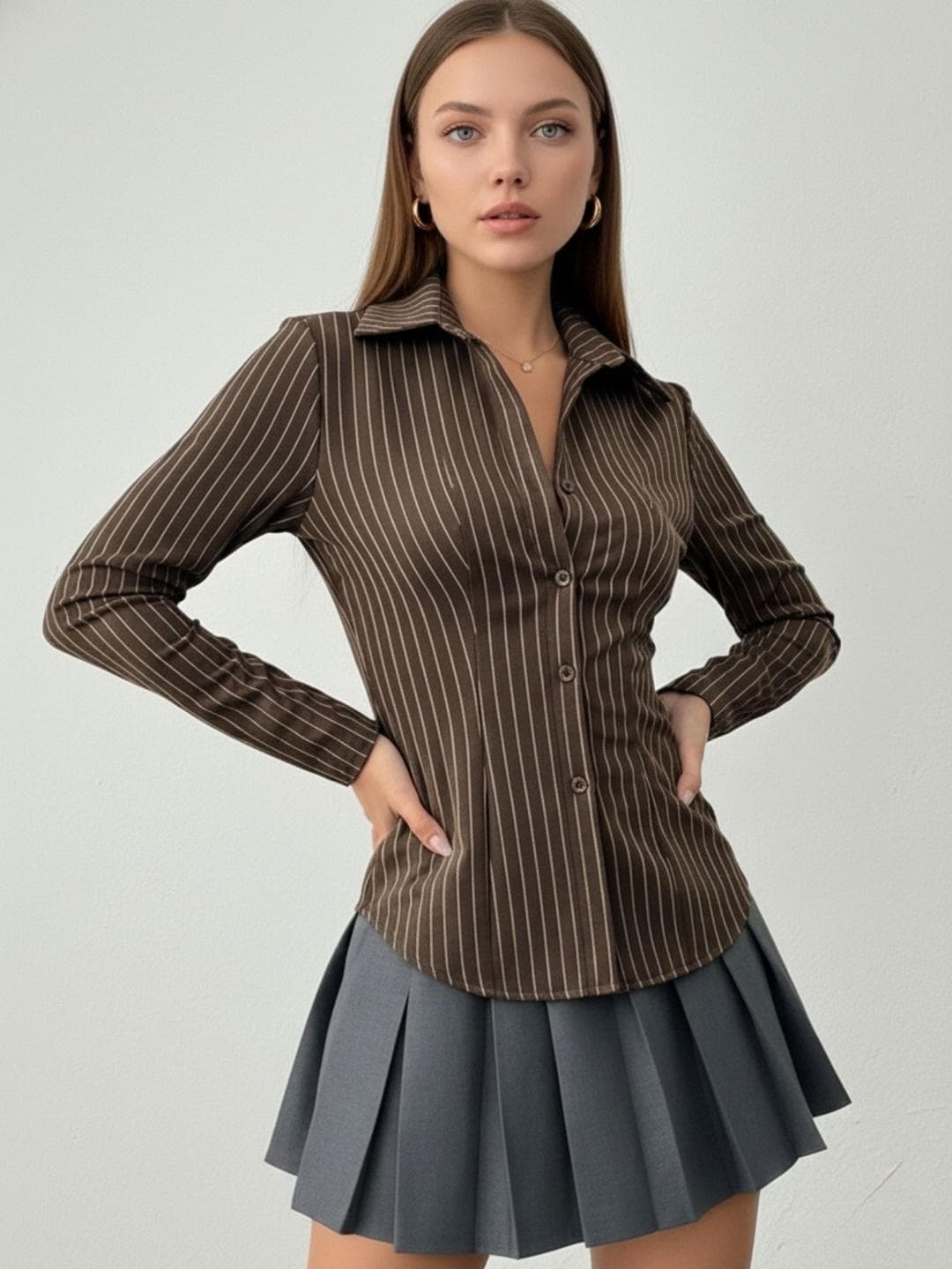 AAHWAN Women Slim Fit Pinstripes Striped Casual Shirt