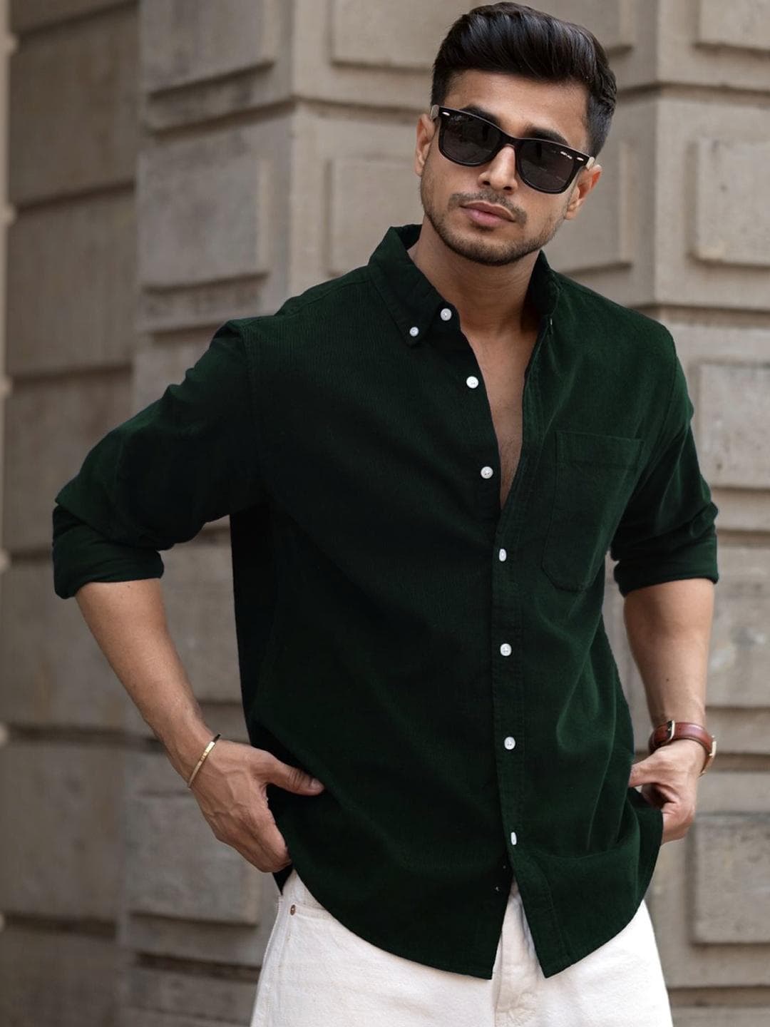 Powerlook Dark Green Corduroy Buttondown Shirt