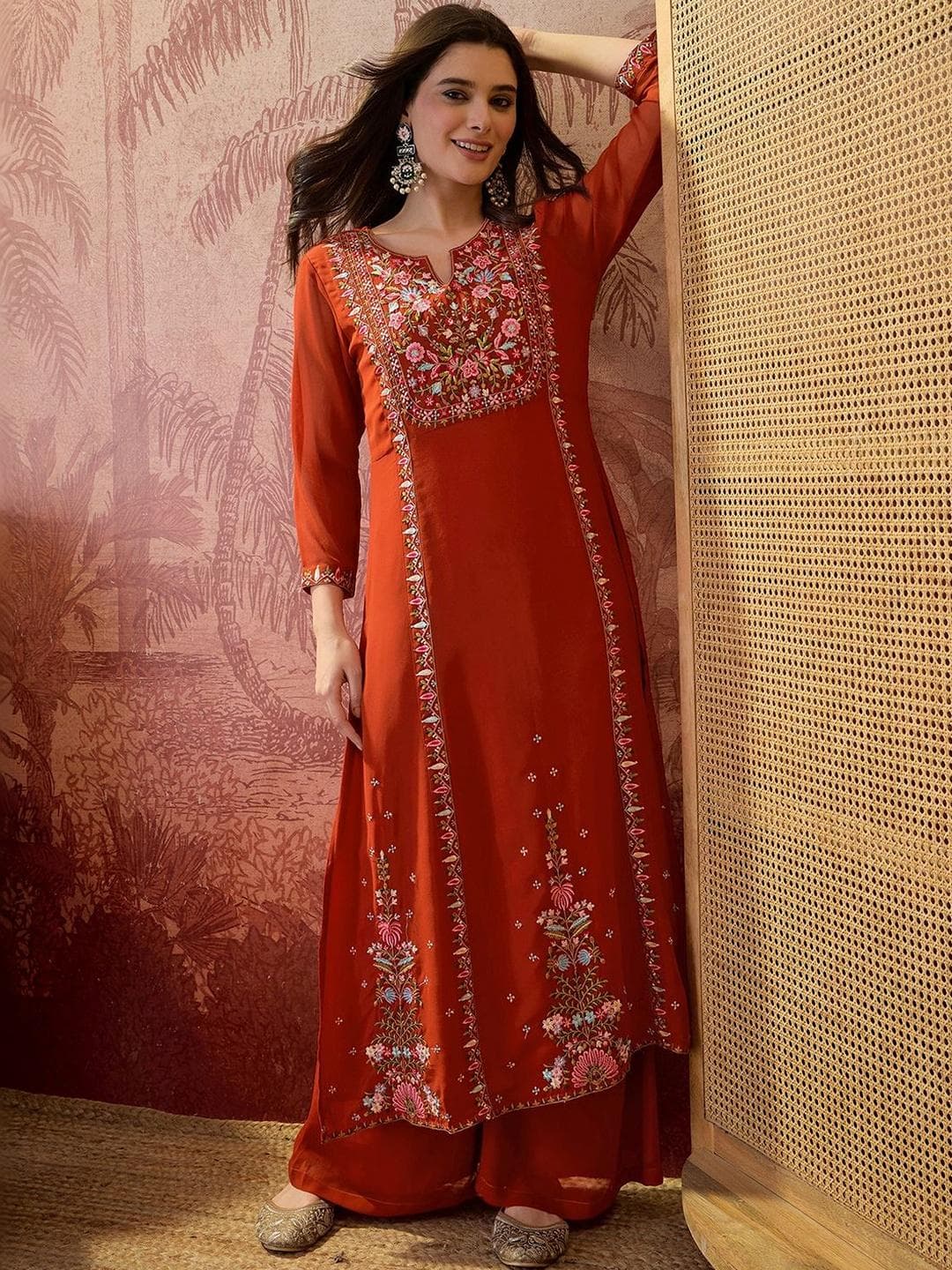 Sangria Embroidered Round Neck Kurta & Palazzos