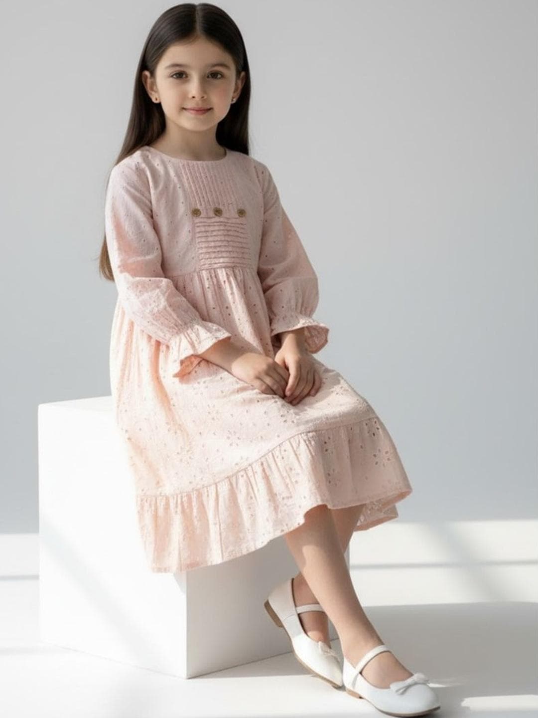 Sangria Girls Schifli Cutwork Cotton Dress with Pleated Yoke & Puff Sleeves