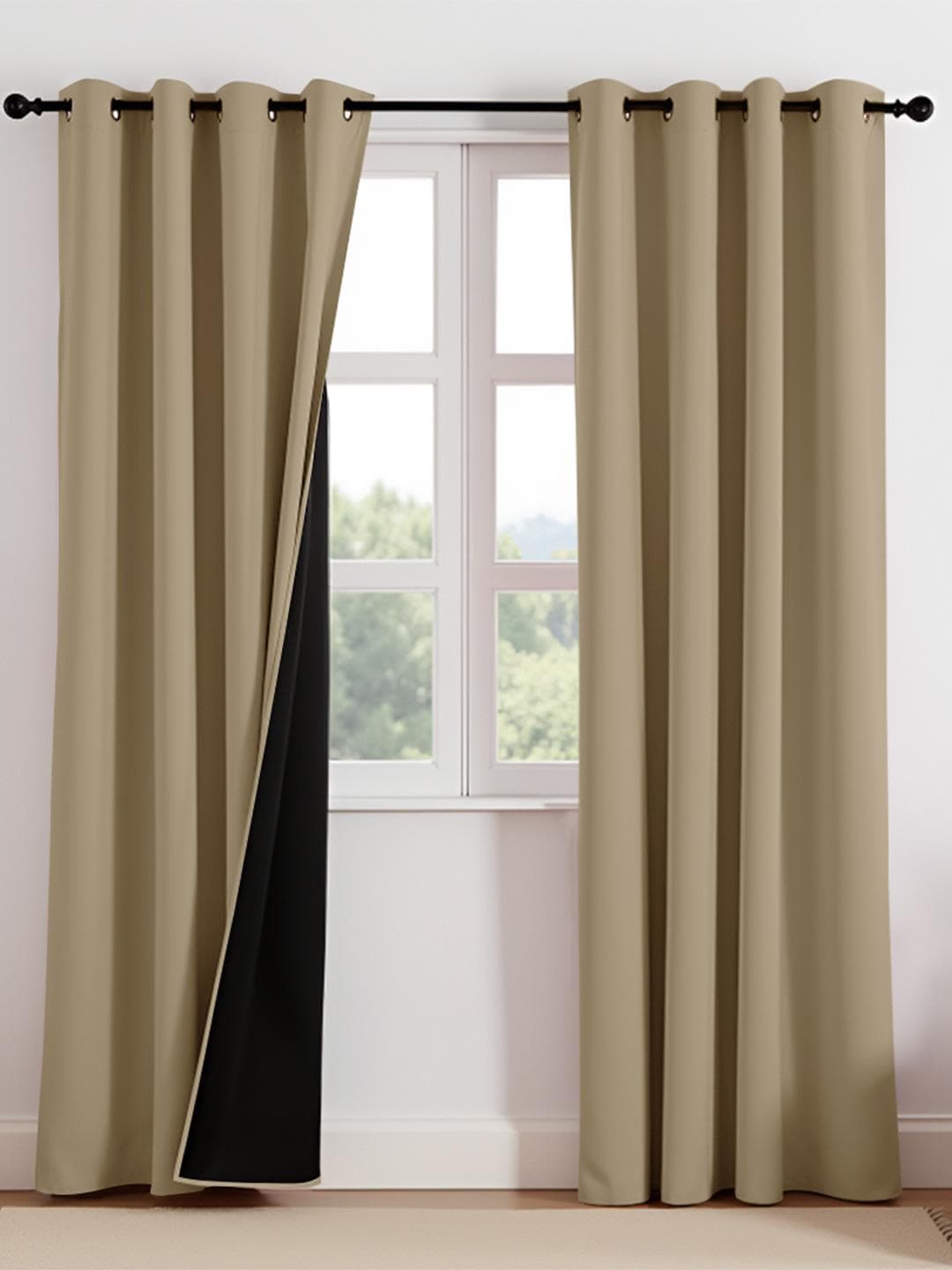 HOMEMONDE Beige & Black Set of 2 Black Out Door Curtain