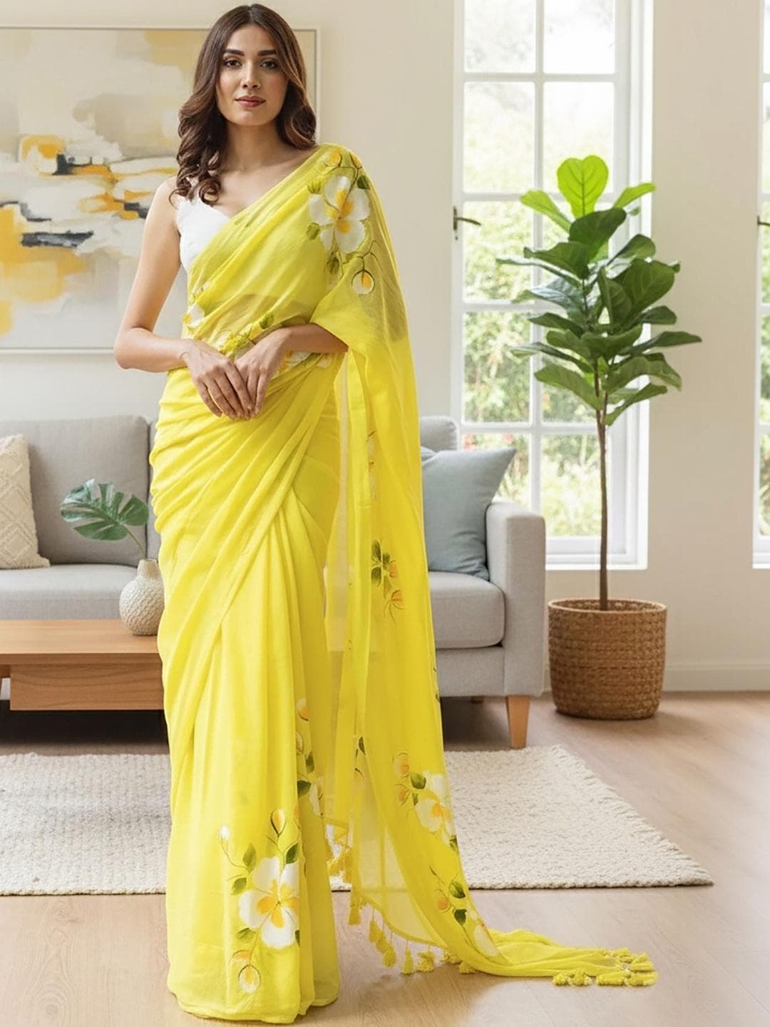 Mitera Floral Linen Blend Designer Block Print Saree