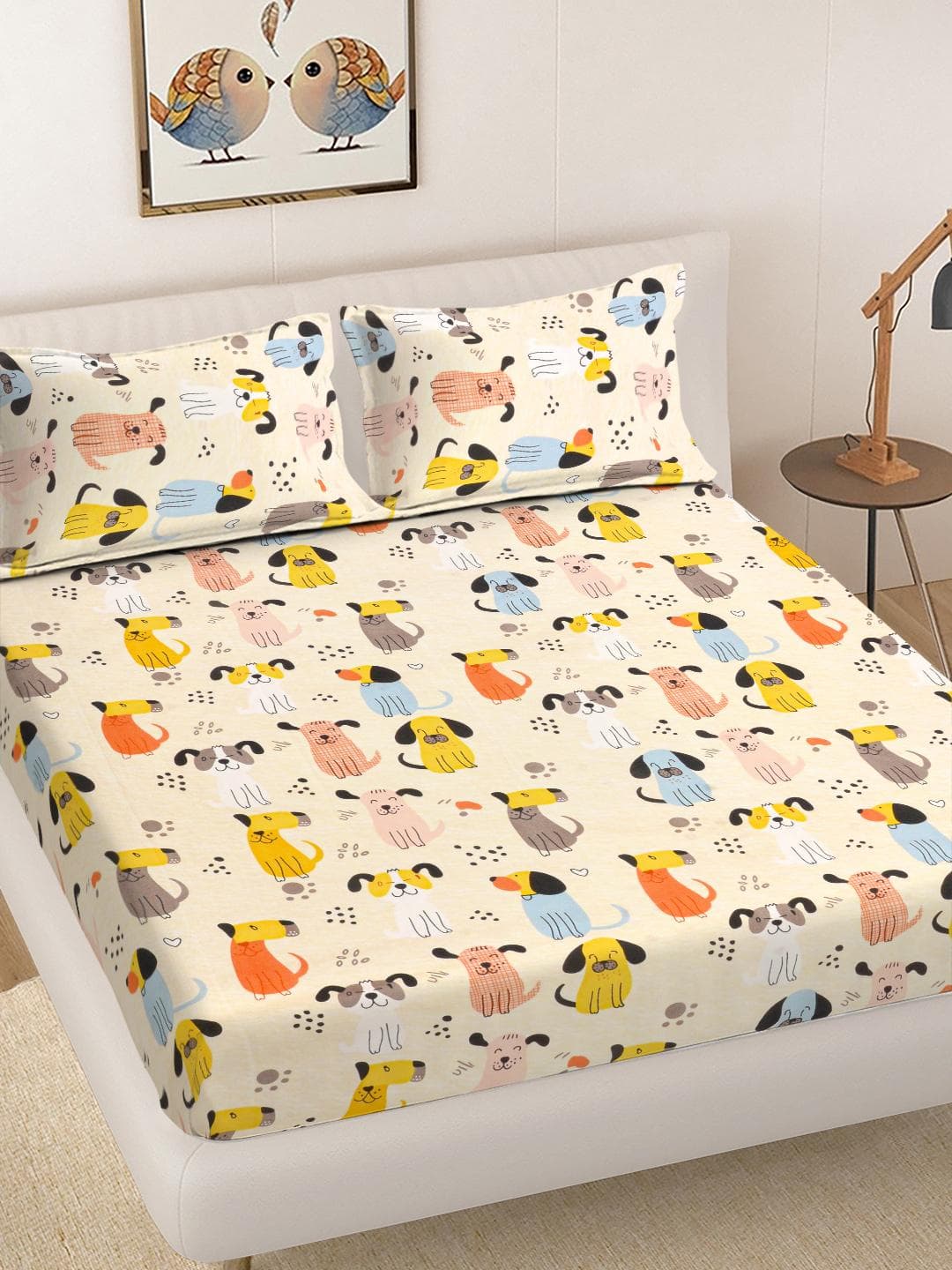 Buy FABINALIV Cream Coloured Cartoon Print Polycotton King Bedsheet With 2 Pillow Covers - - Home for Unisex Kids