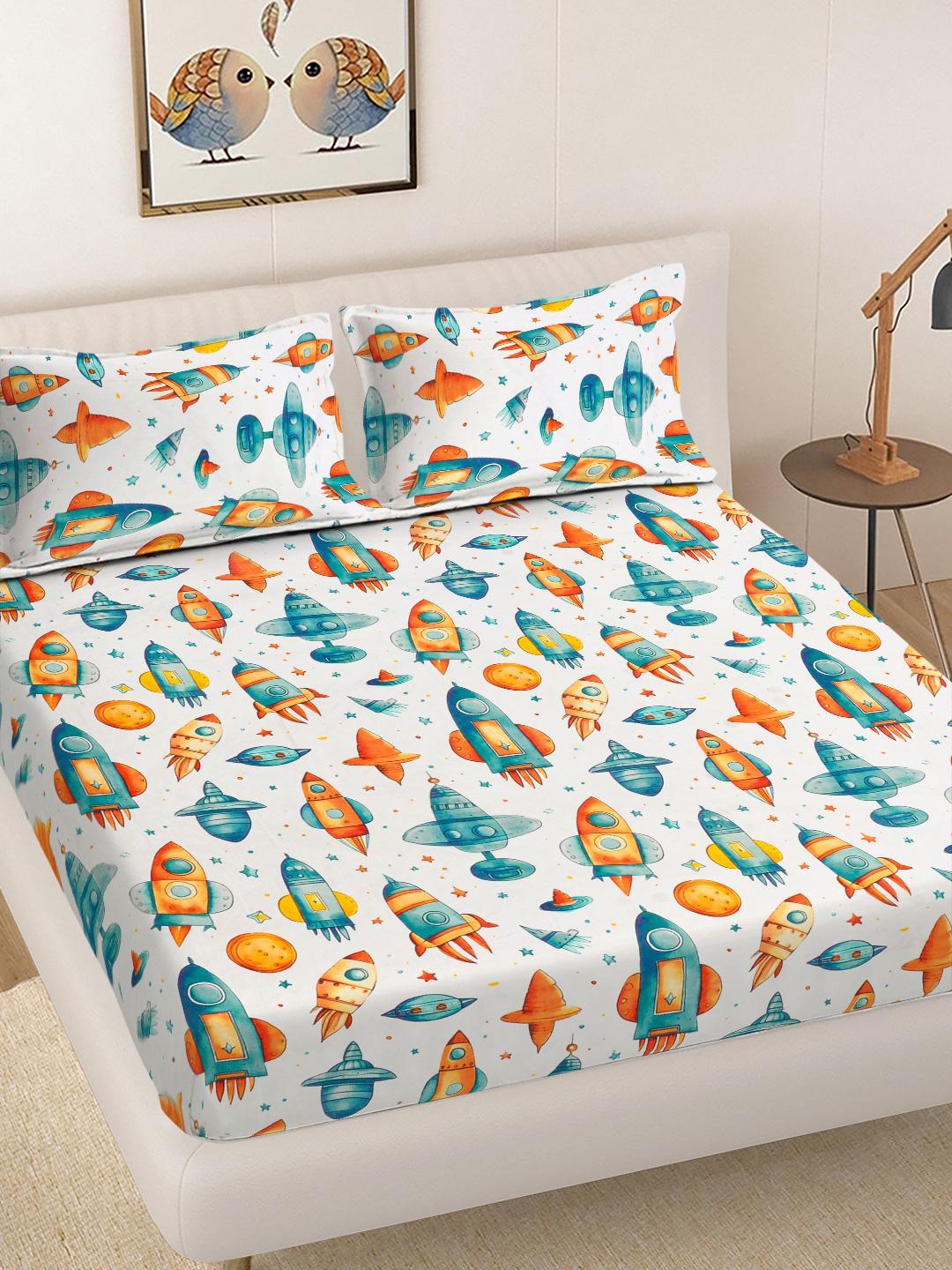 Buy FABINALIV White Cartoon Print Polycotton 300 TC Bedsheet With 2 Pillow Covers - - Home for Unisex Kids