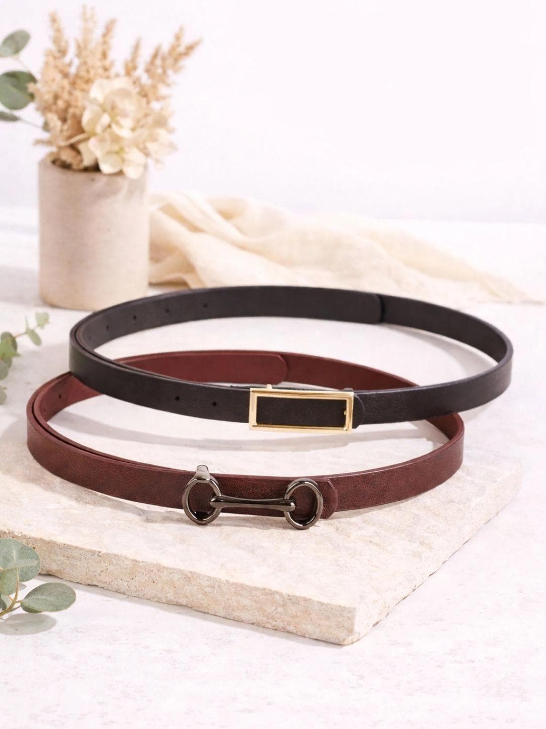 CRUSSET Womens Set Of 2 Vegan Leather Waist Belt For Casual Formal Wear