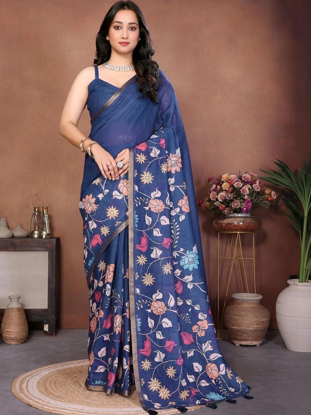 SAMANTHA Floral Zari Linen Blend Fusion Khadi Ready To Wear Saree