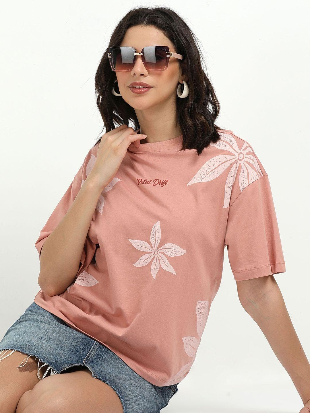 glitchez Floral Printed Round Neck Drop-Shoulder Sleeves Cotton Oversized T-Shirt