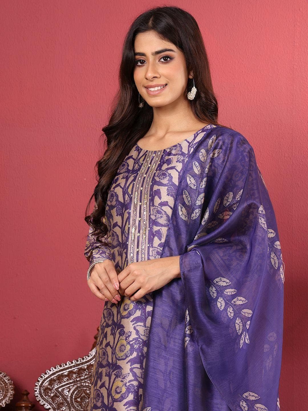 Varanga Purple Floral Printed Beads and Stones Chanderi Silk Kurta with Trousers & Dupatta