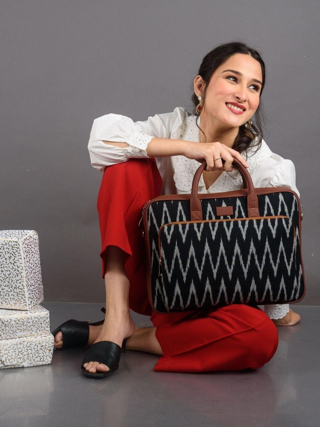ZOUK Unisex Black & White Printed Ikat Fabric Vegan Leather Laptop Bag