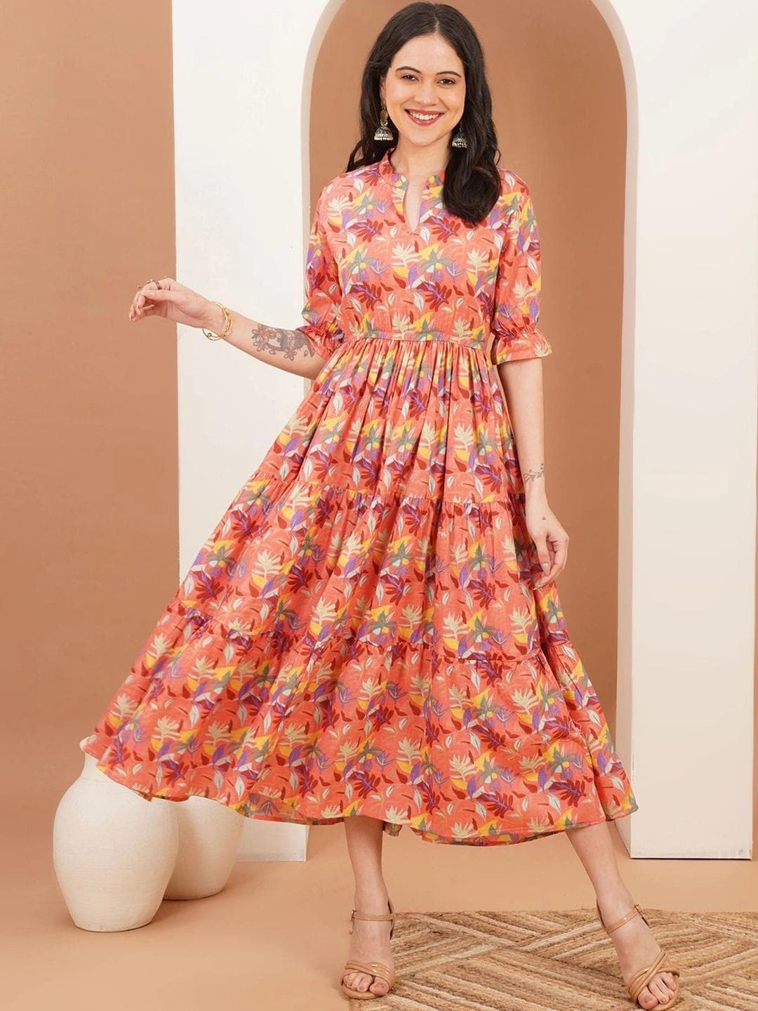 Sangria Printed Mandarin Collar A-Line Ethnic Dresses