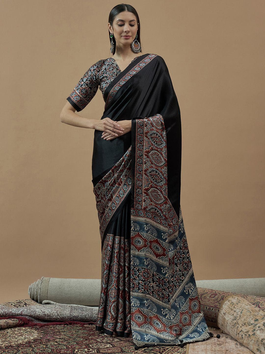 Anouk Ajrak Block Poly Crepe Block Print Saree