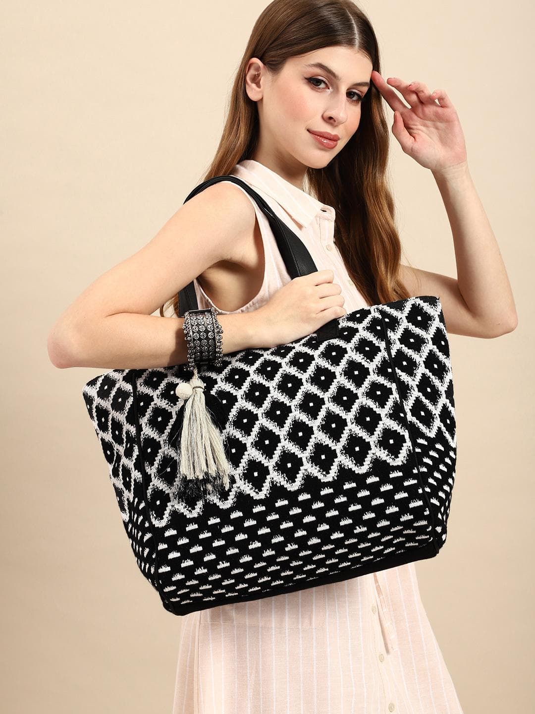 Buy Anouk Geometric Printed Tasselled Oversized Shopper Tote Bag - - Accessories for Women
